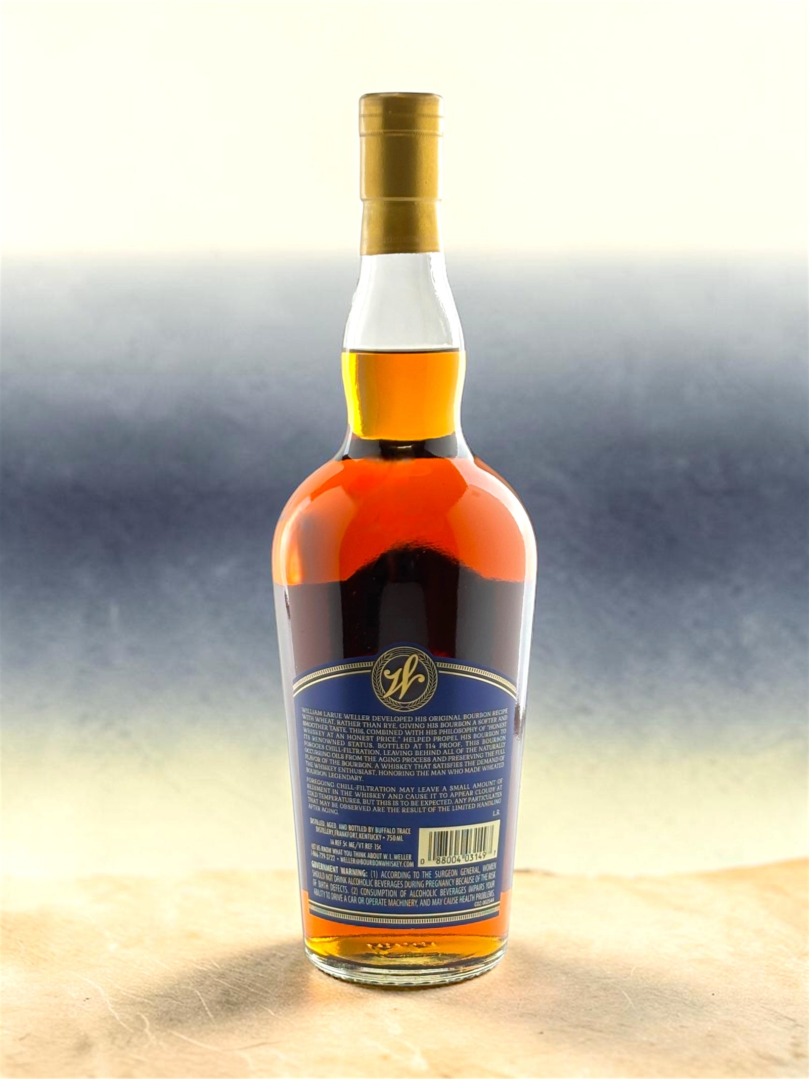 Back Label
Weller Full Proof back label showing 114 proof barrel entry strength and Buffalo Trace wheated mashbill.
