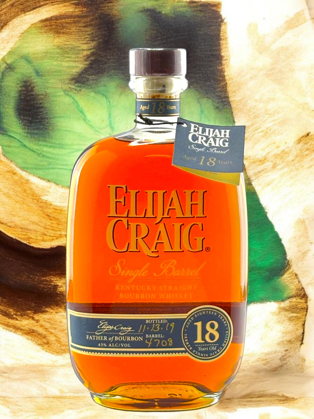  Primary
Elijah Craig 18 Year Single Barrel Bourbon bottle, front label.