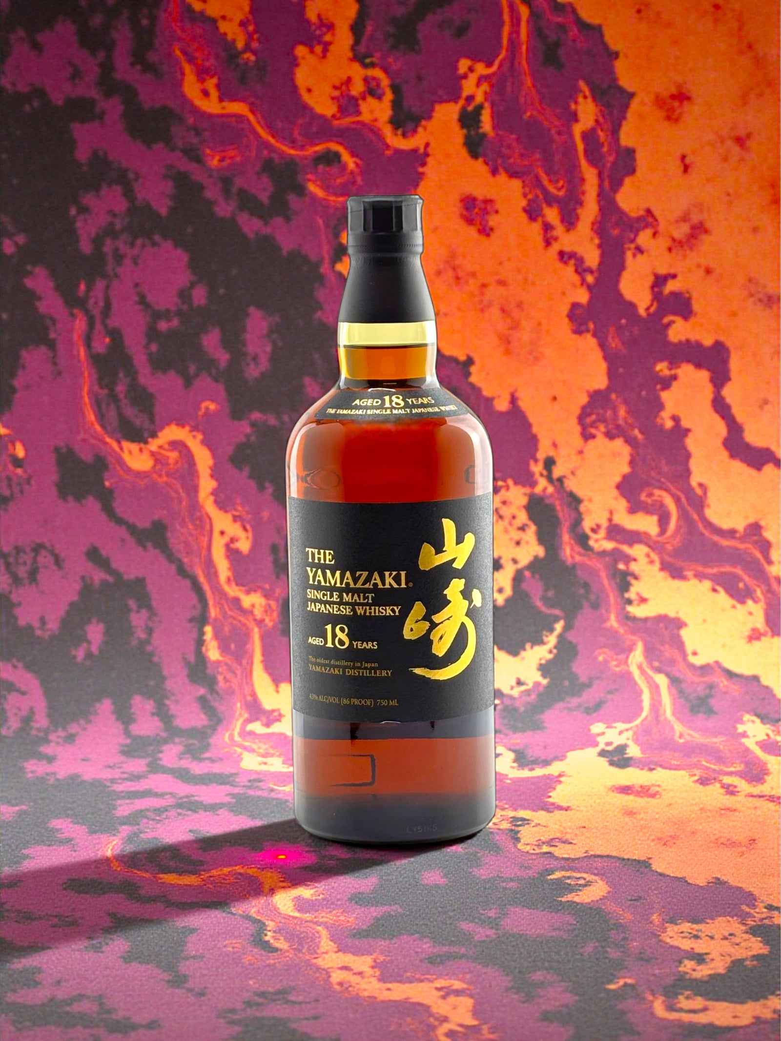 Primary
The Yamazaki 18 Year Old single malt Japanese whisky bottle, front view.