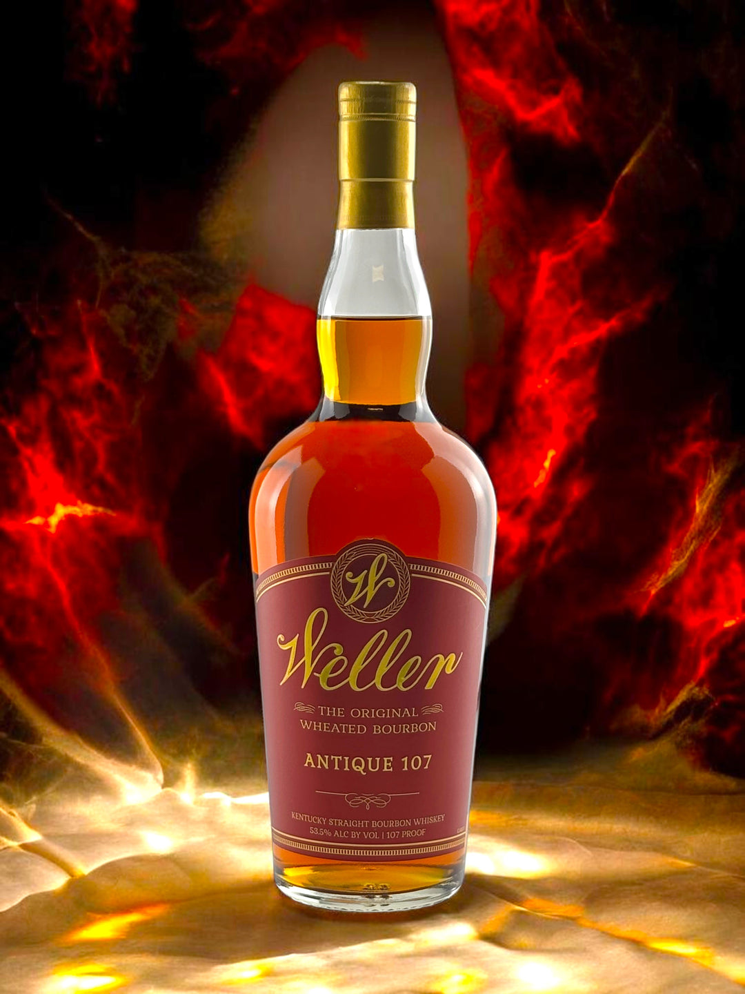 Primary
W.L. Weller Antique 107 wheated bourbon bottle, front label.